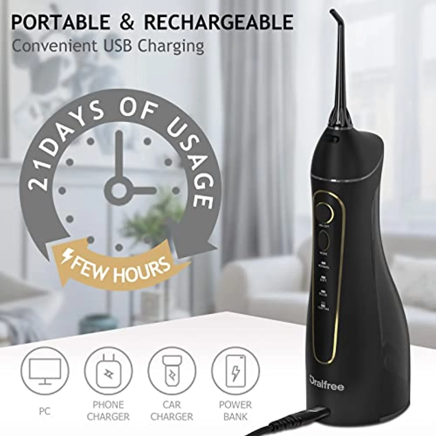 Water-Dental-flosser-Teeth-Cleaner-Oral Irrigator with 4 Modes Cordless Water Teeth Cleaner Pick for Braces & Bridges Care IPX7 Waterproof Rechargeable Portable Powerful Battery for Home & Travel