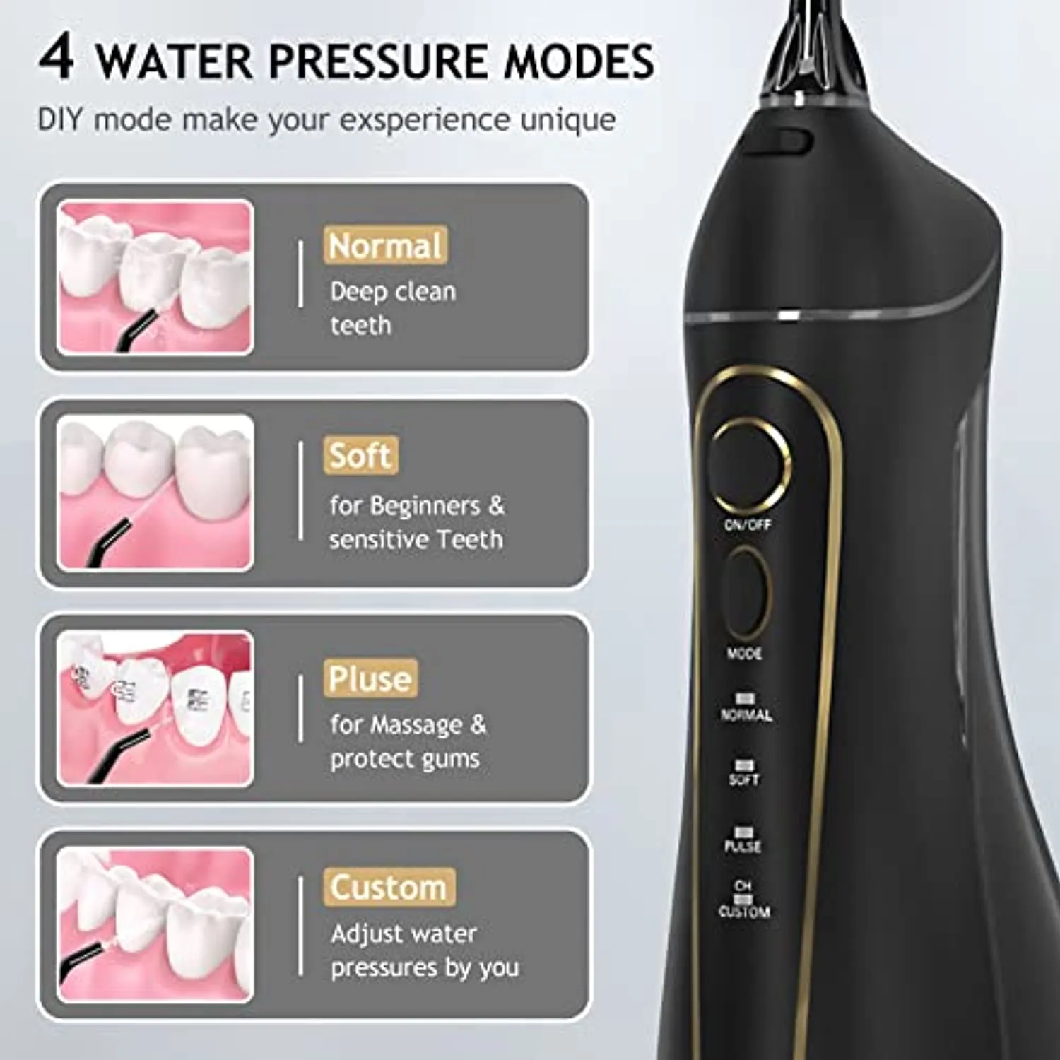 Water-Dental-flosser-Teeth-Cleaner-Oral Irrigator with 4 Modes Cordless Water Teeth Cleaner Pick for Braces & Bridges Care IPX7 Waterproof Rechargeable Portable Powerful Battery for Home & Travel
