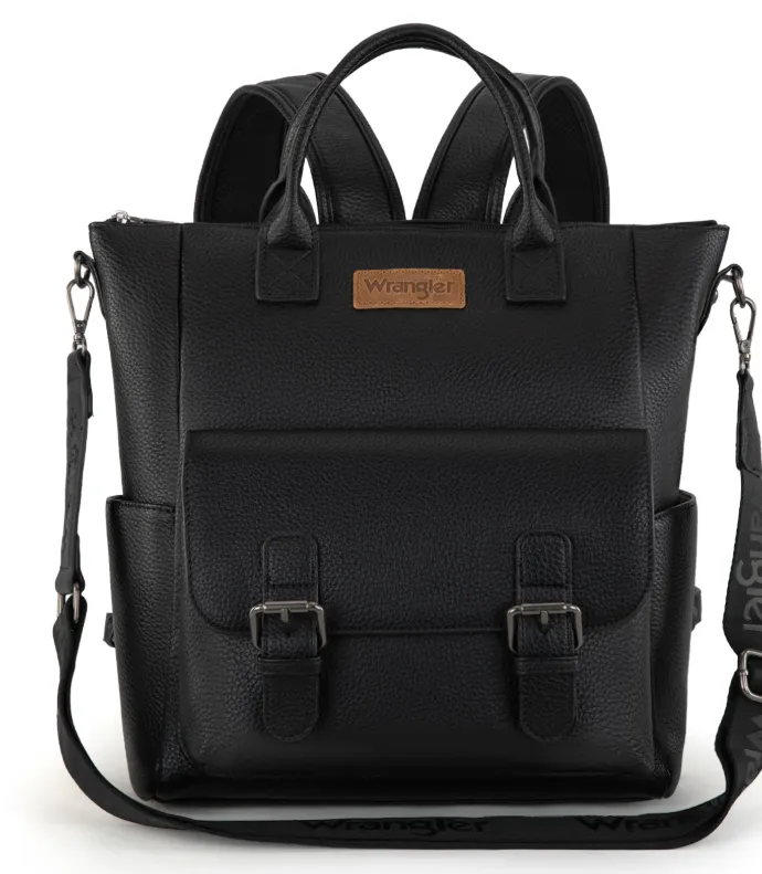 WG175-9110BLK Wrangler Cow Print Tote/ Shoulder Bag Convertible backpack Black