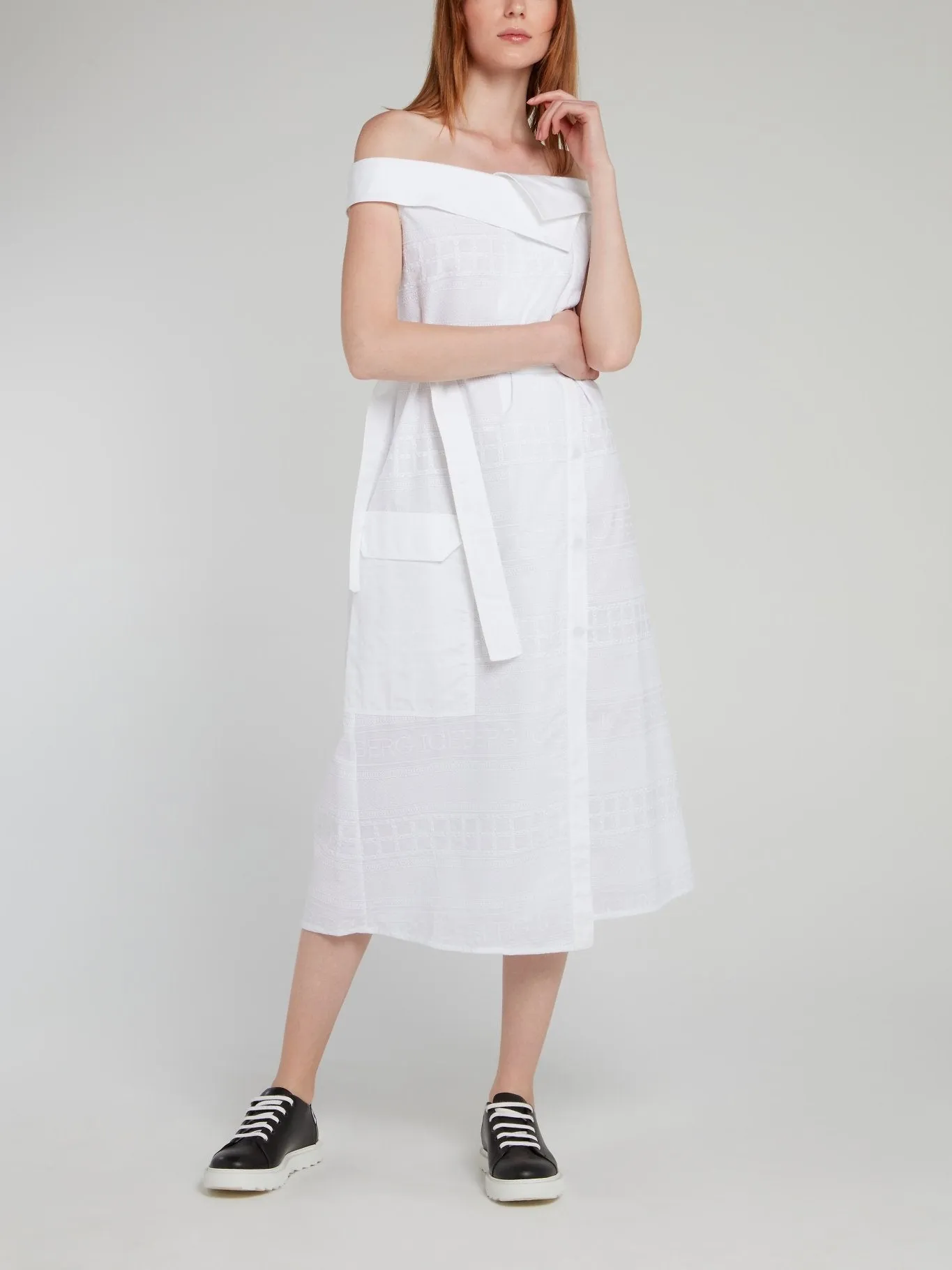 White Off-The-Shoulder Tie Front Midi Dress