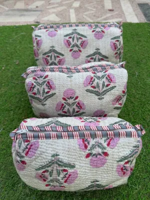 White Pure Cotton Quilted Bag Makeup Bags Floral Print Pouch