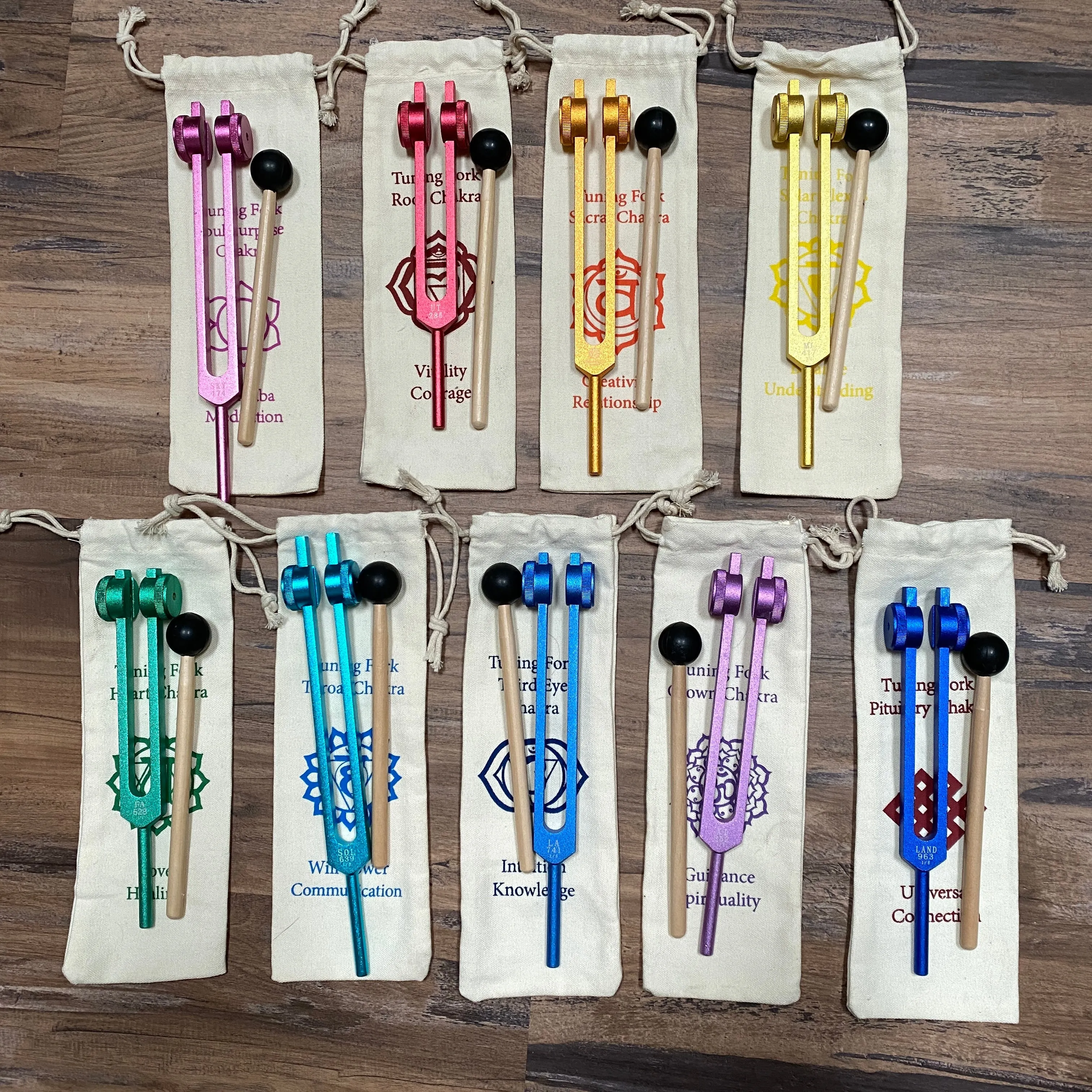 Wholesale -  9 Solfeggio Tuning Forks with Bags and Mallets (4 pack)