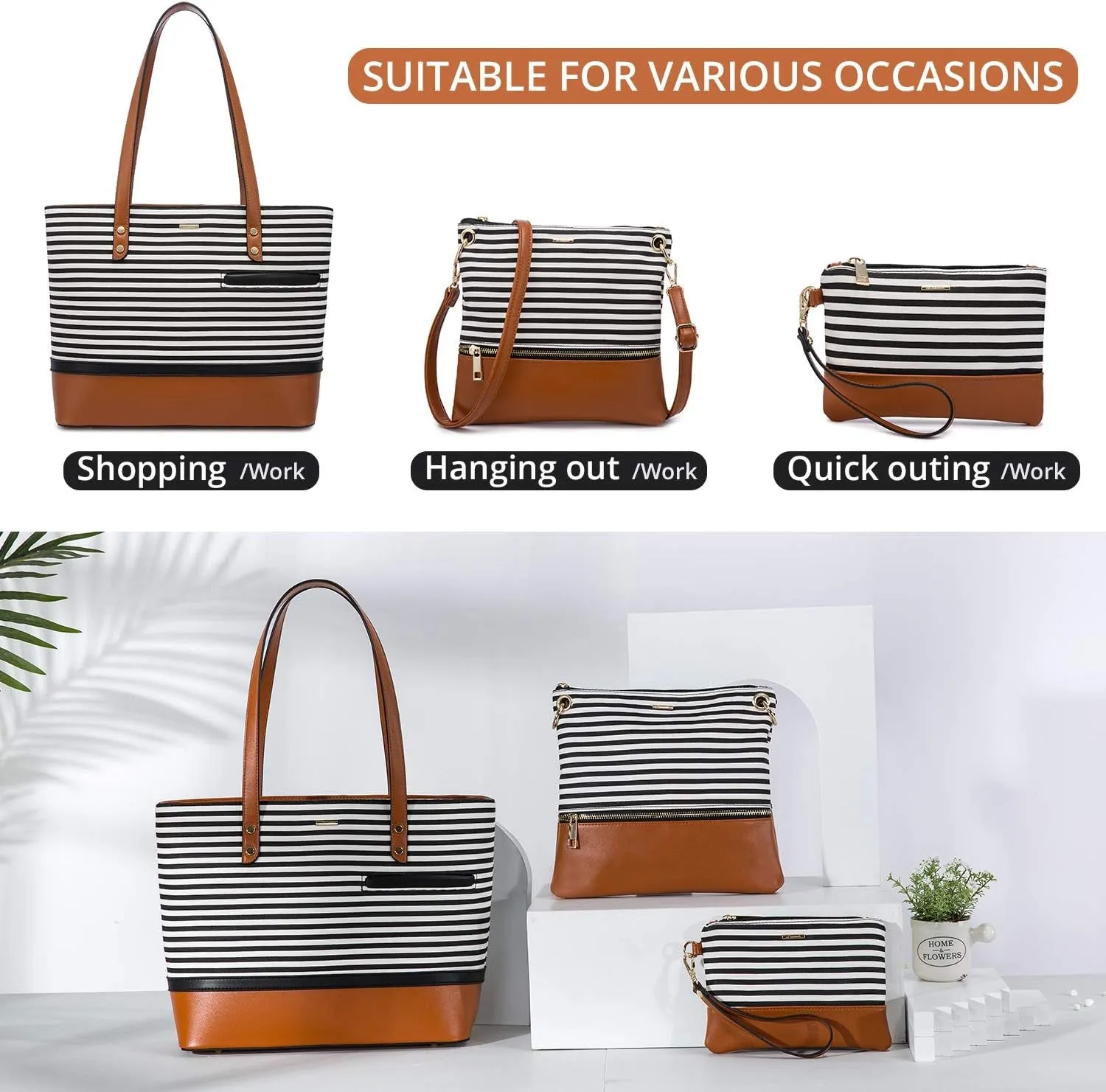 Womens Purses and Handbags Satchel Shoulder Bags Tote Crossbody Top Handle Purse Set 3Pcs Stripes Style,Brown