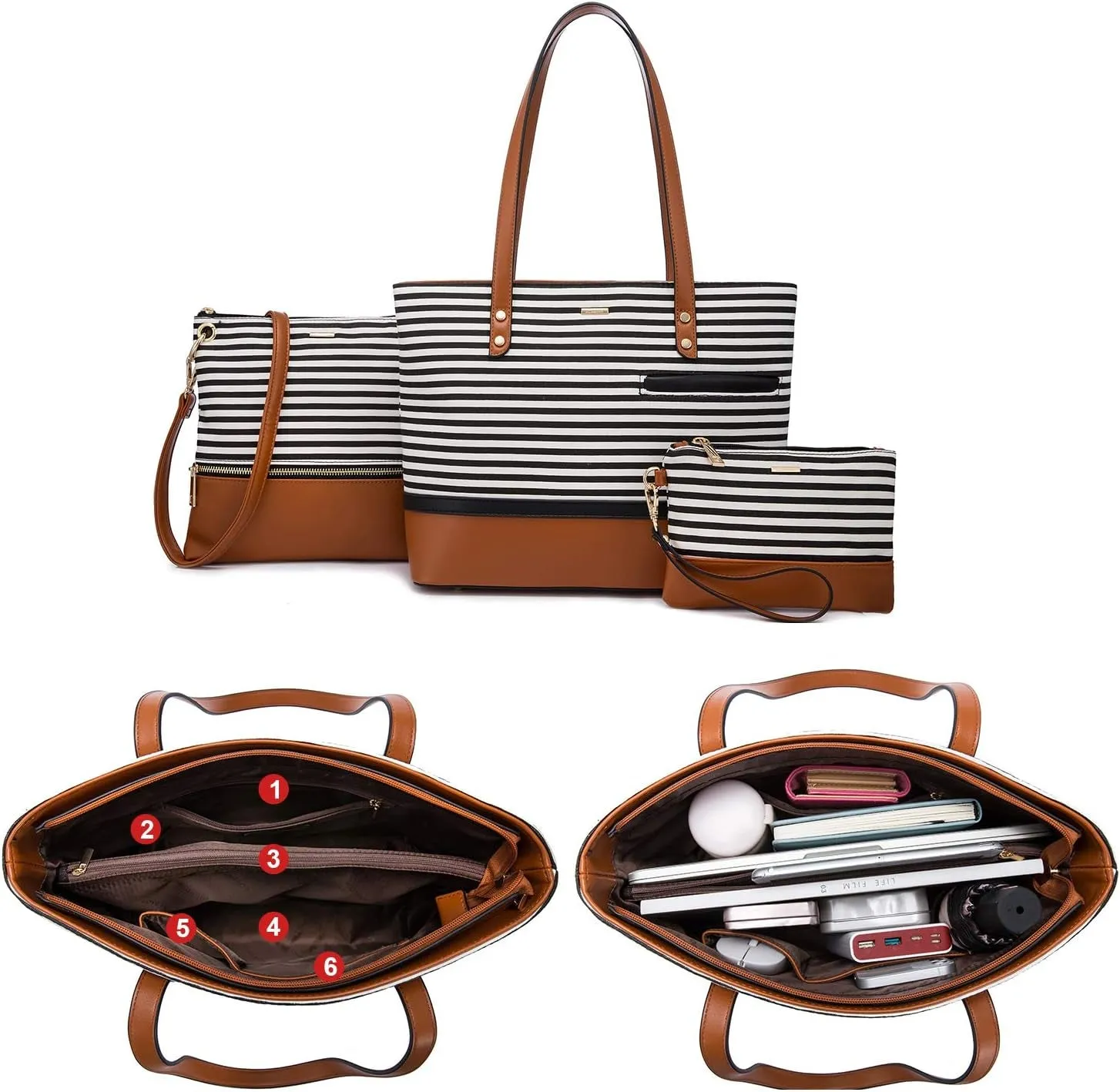 Womens Purses and Handbags Satchel Shoulder Bags Tote Crossbody Top Handle Purse Set 3Pcs Stripes Style,Brown