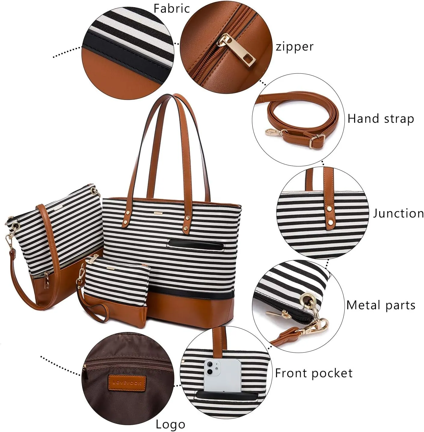 Womens Purses and Handbags Satchel Shoulder Bags Tote Crossbody Top Handle Purse Set 3Pcs Stripes Style,Brown