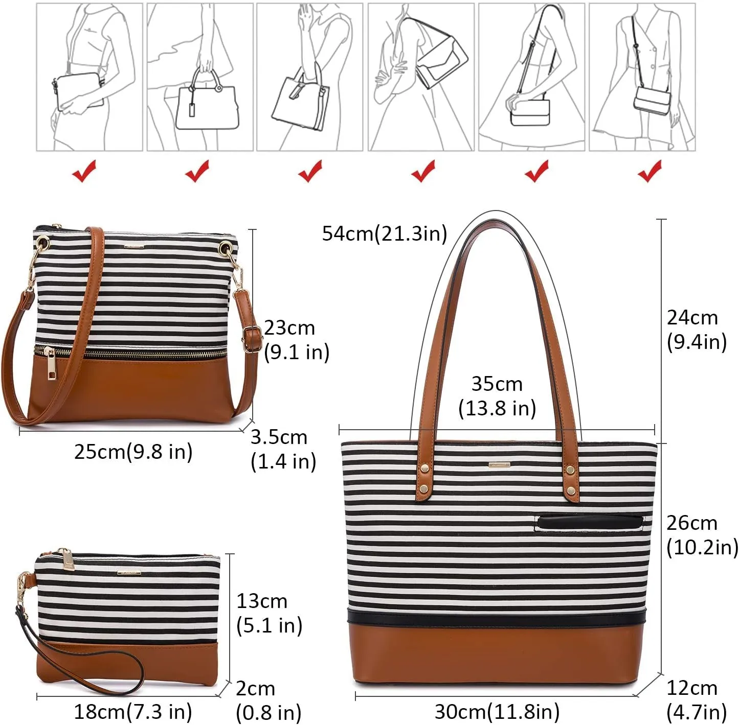 Womens Purses and Handbags Satchel Shoulder Bags Tote Crossbody Top Handle Purse Set 3Pcs Stripes Style,Brown