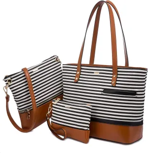 Womens Purses and Handbags Satchel Shoulder Bags Tote Crossbody Top Handle Purse Set 3Pcs Stripes Style,Brown